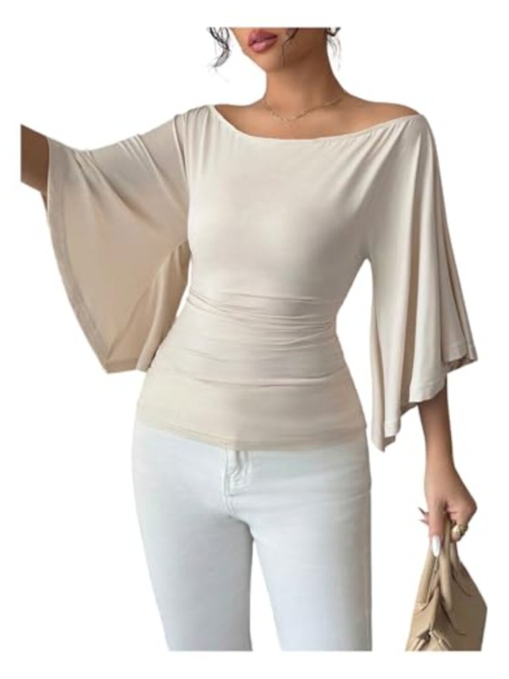 Off Shoulder Bell Sleeve Top Slim Fitted Dressy Casual Blouse